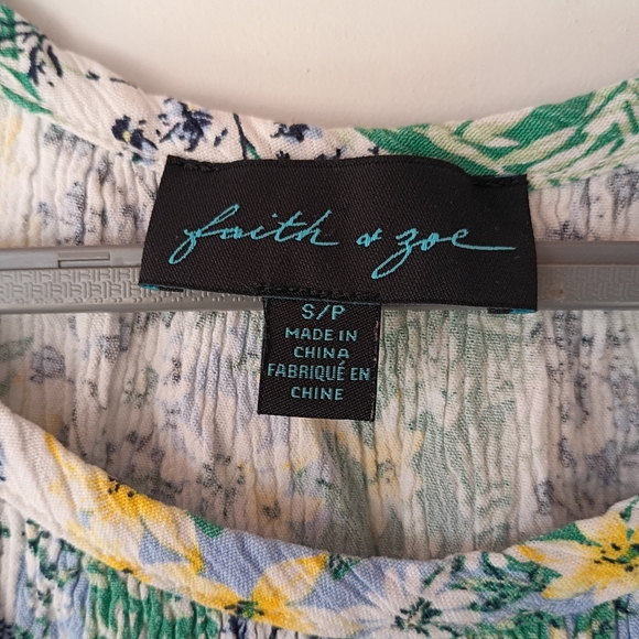 Faith & Zoe Boho Floral Crinkle Top S – Green Blue Yellow Ditsy Print Blouse‎ - Picture 5 of 8